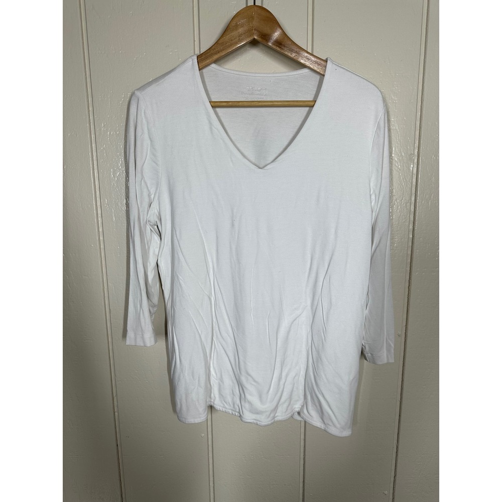 Chico's Top Women 2 White The Ultimate Tee V-Neck 3/4 Sleeve Rayon Spandex